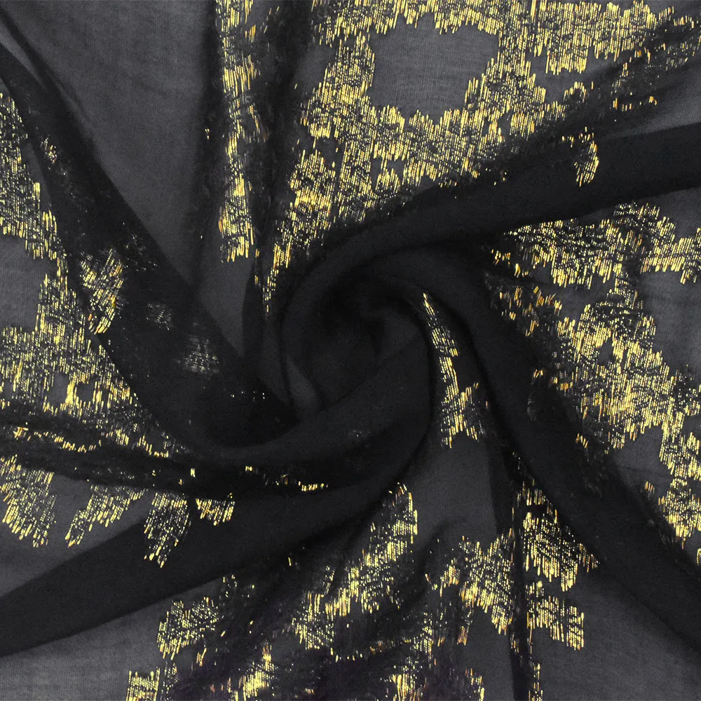 1 3/4 YD PC-Black-Gold Abstract Coral Metallic Jacquard Silk-Rayon Chiffon Woven Fabric