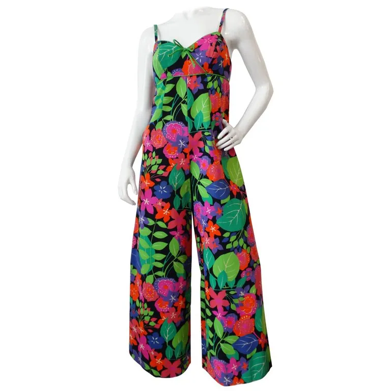 1960s Technicolor Floral Wide Leg Jumpsuit