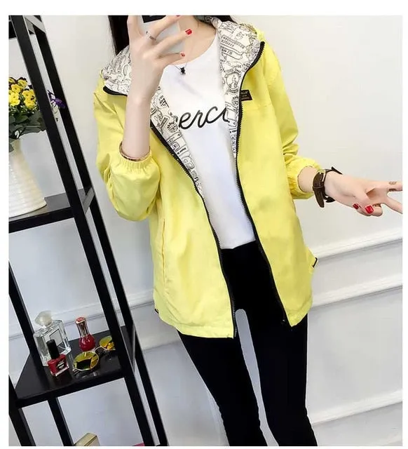 2018 Spring Autumn Women Basic Jacket Pocket Zipper Hooded Two Side Wear Cartoon Print Outwear Loose Coat Windbreaker Female 101