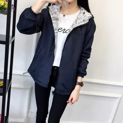 2018 Spring Autumn Women Basic Jacket Pocket Zipper Hooded Two Side Wear Cartoon Print Outwear Loose Coat Windbreaker Female 101