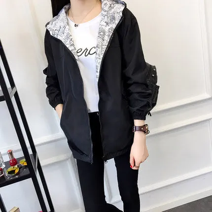 2018 Spring Autumn Women Basic Jacket Pocket Zipper Hooded Two Side Wear Cartoon Print Outwear Loose Coat Windbreaker Female 101