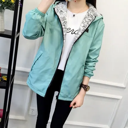 2018 Spring Autumn Women Basic Jacket Pocket Zipper Hooded Two Side Wear Cartoon Print Outwear Loose Coat Windbreaker Female 101