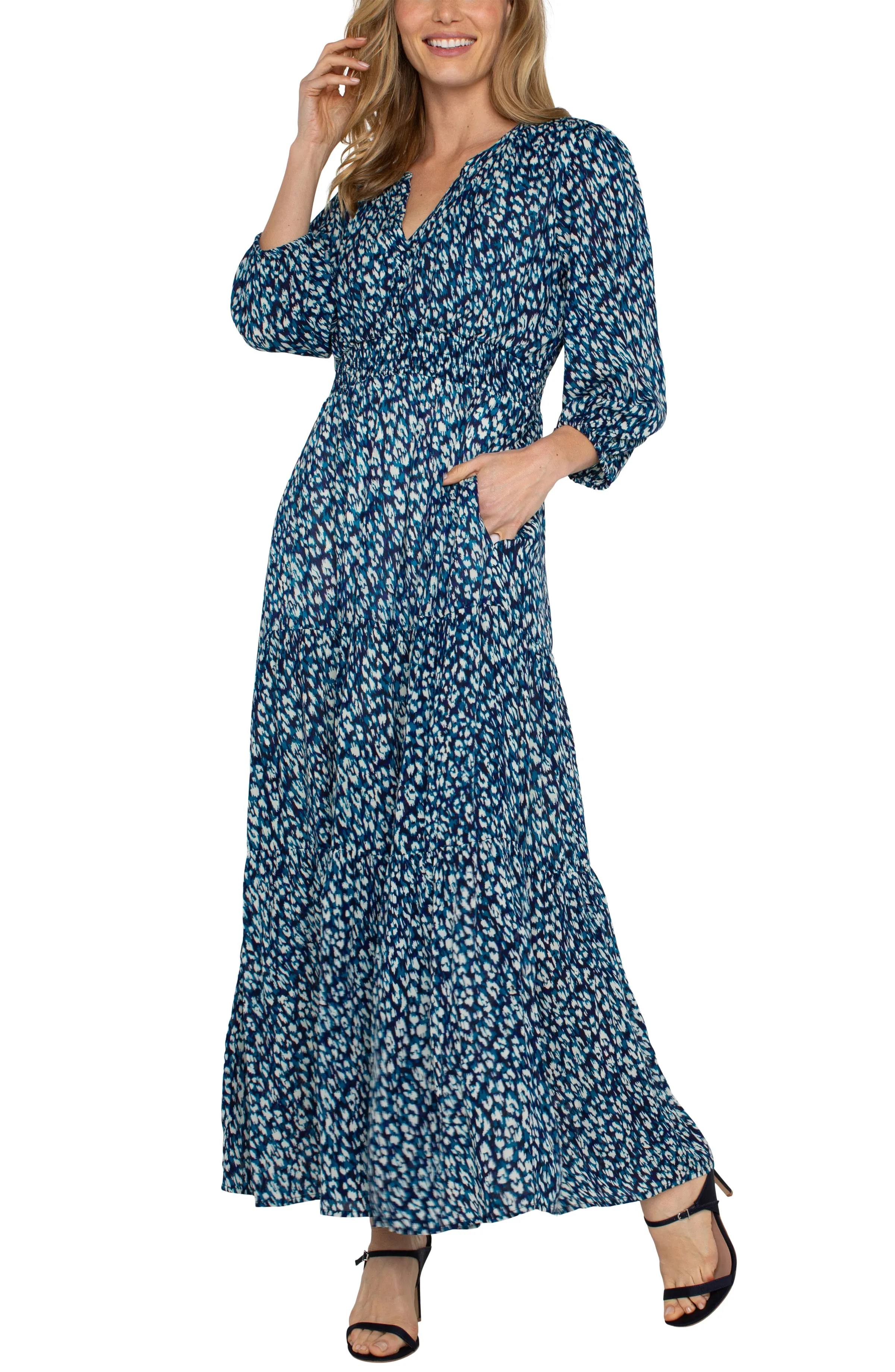 3/4 Sleeve Tiered Woven Maxi Dress