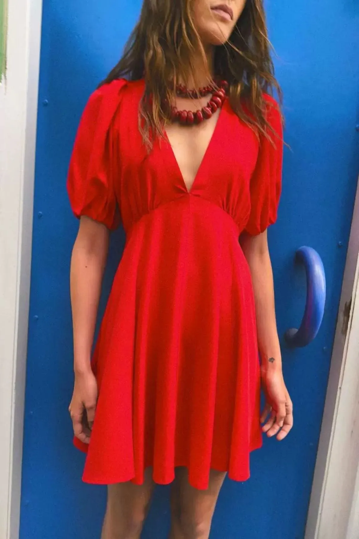 ADRIANA V-Neck Puff-Sleeve Mini Dress (Flame Red)