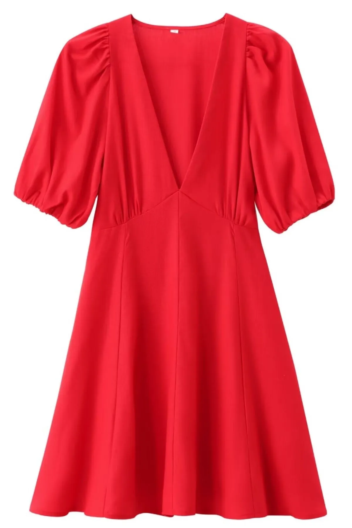 ADRIANA V-Neck Puff-Sleeve Mini Dress (Flame Red)