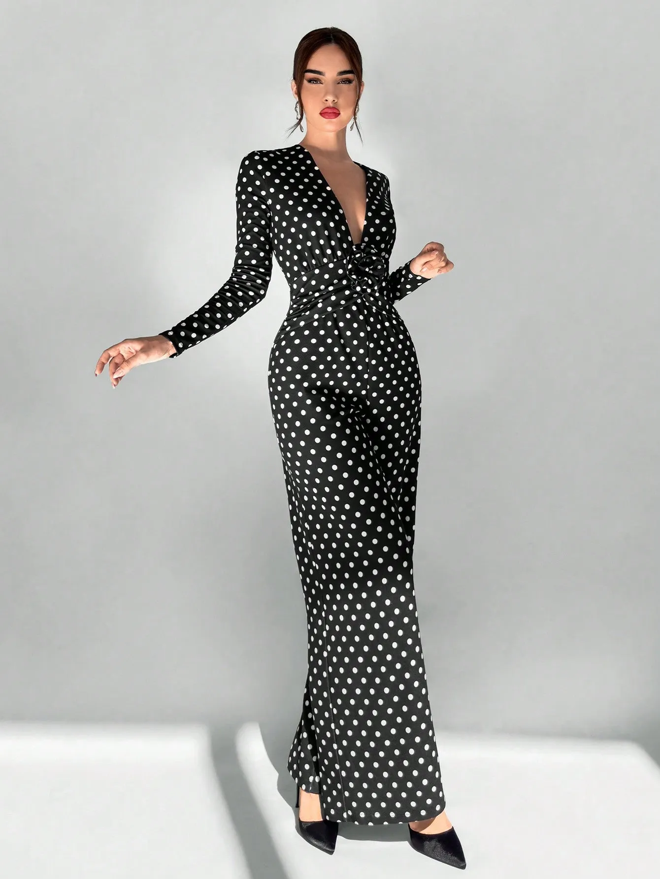 Aloruh Women's Sexy And Elegant Deep V-Neck Floral Decor Black Polka Dots Print Wide-Leg Jumpsuit