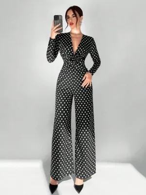Aloruh Women's Sexy And Elegant Deep V-Neck Floral Decor Black Polka Dots Print Wide-Leg Jumpsuit
