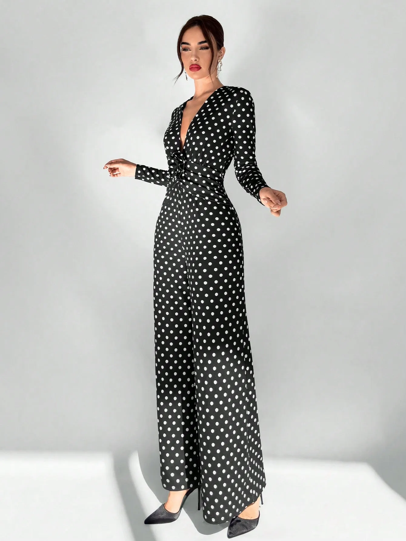 Aloruh Women's Sexy And Elegant Deep V-Neck Floral Decor Black Polka Dots Print Wide-Leg Jumpsuit