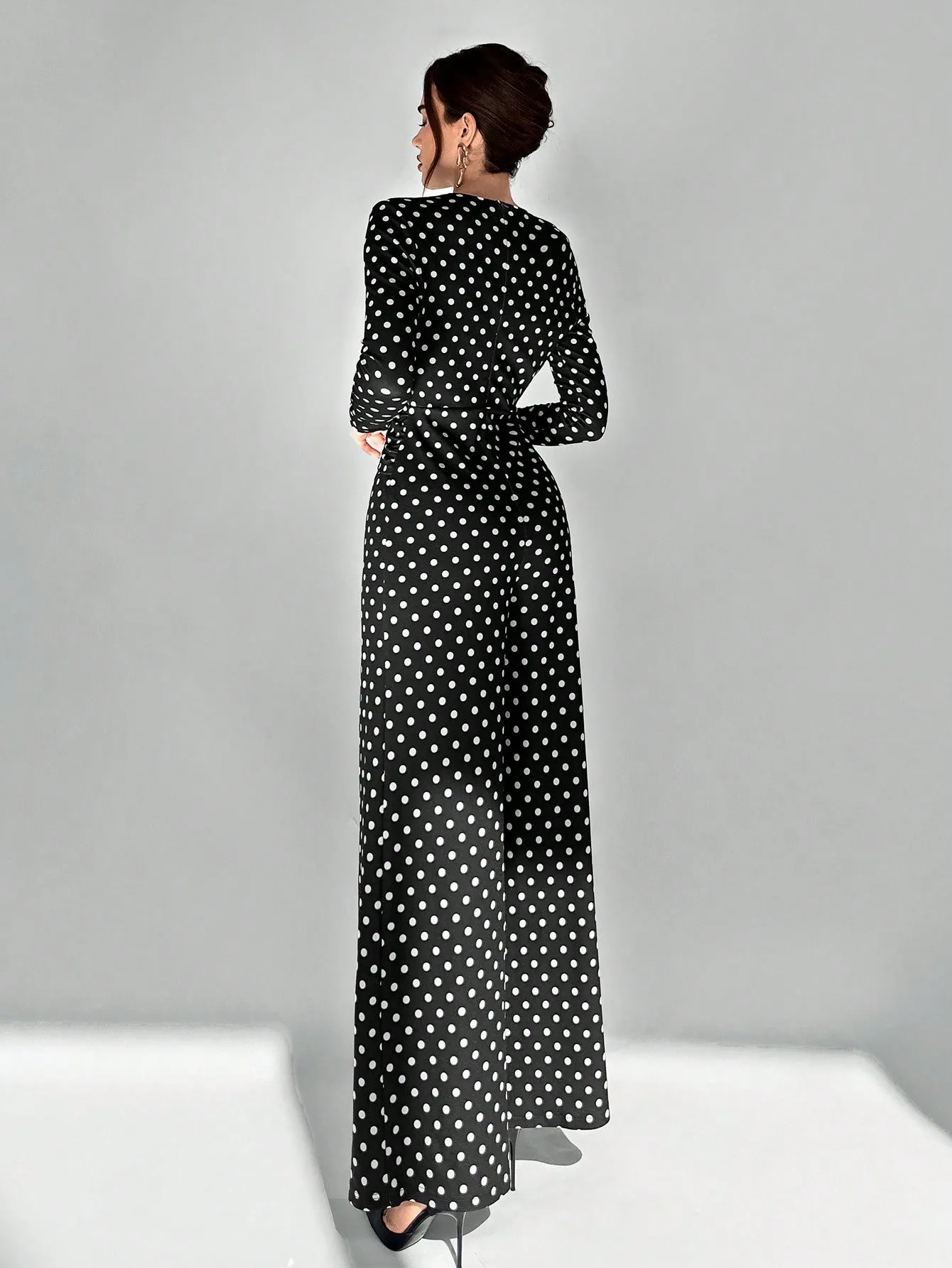 Aloruh Women's Sexy And Elegant Deep V-Neck Floral Decor Black Polka Dots Print Wide-Leg Jumpsuit