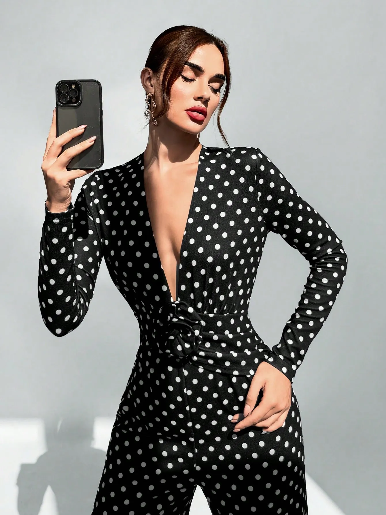 Aloruh Women's Sexy And Elegant Deep V-Neck Floral Decor Black Polka Dots Print Wide-Leg Jumpsuit