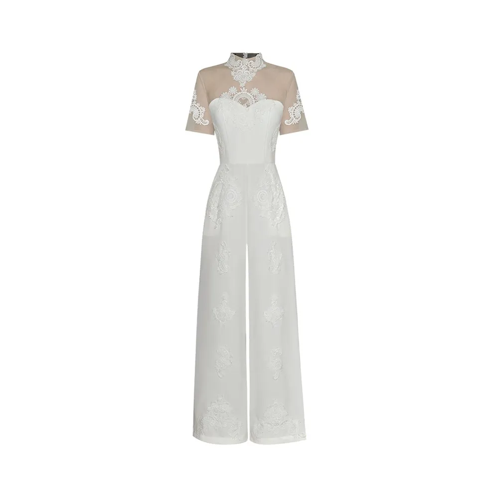 Annika Stand Collar Net yarn Short Sleeves Hollow out Jumpsuit