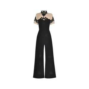 Annika Stand Collar Net yarn Short Sleeves Hollow out Jumpsuit
