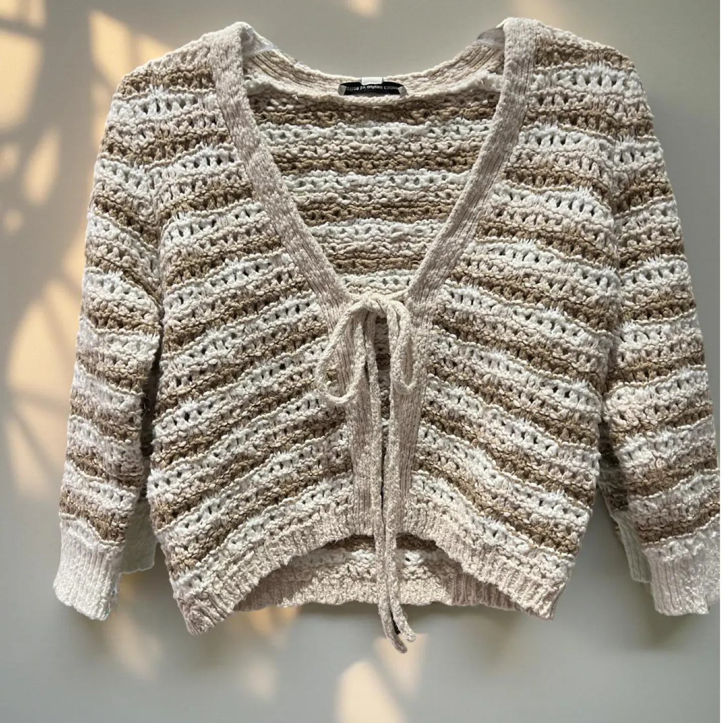 AUTUMN CASHMERE-Tie Front Fancy Stitch Open Cardigan Sand/White Combo