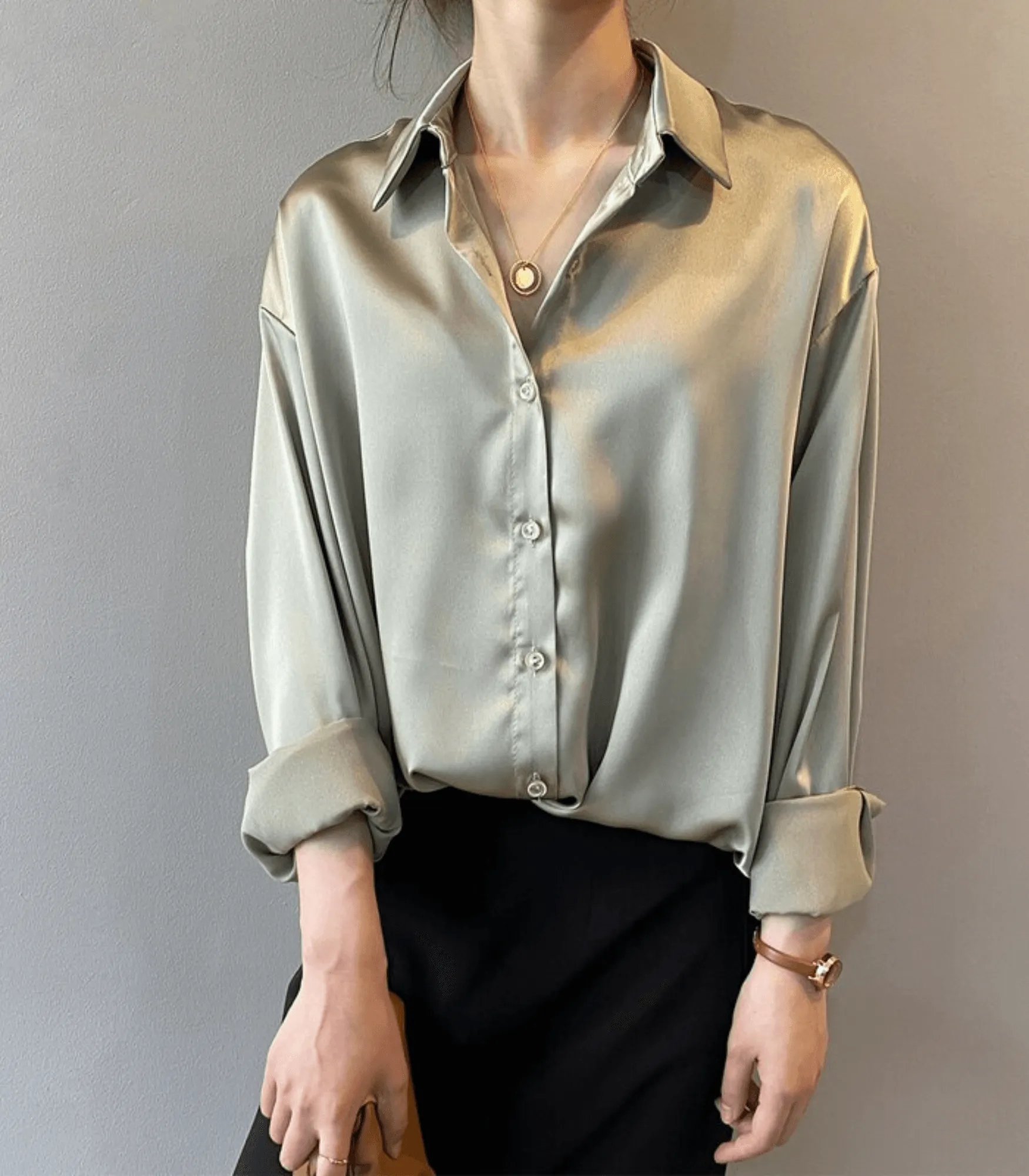 Avencea Buttoned Satin Silk Blouse