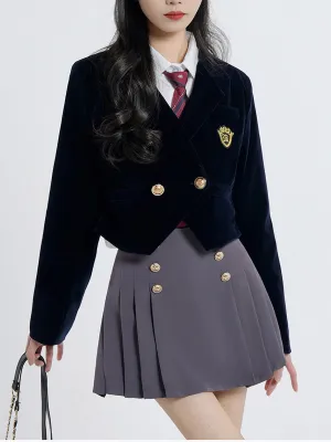 Badge Short Blazer   White Shirt   Skirt Three Piece Set
