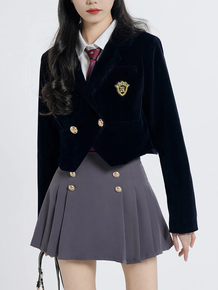 Badge Short Blazer   White Shirt   Skirt Three Piece Set