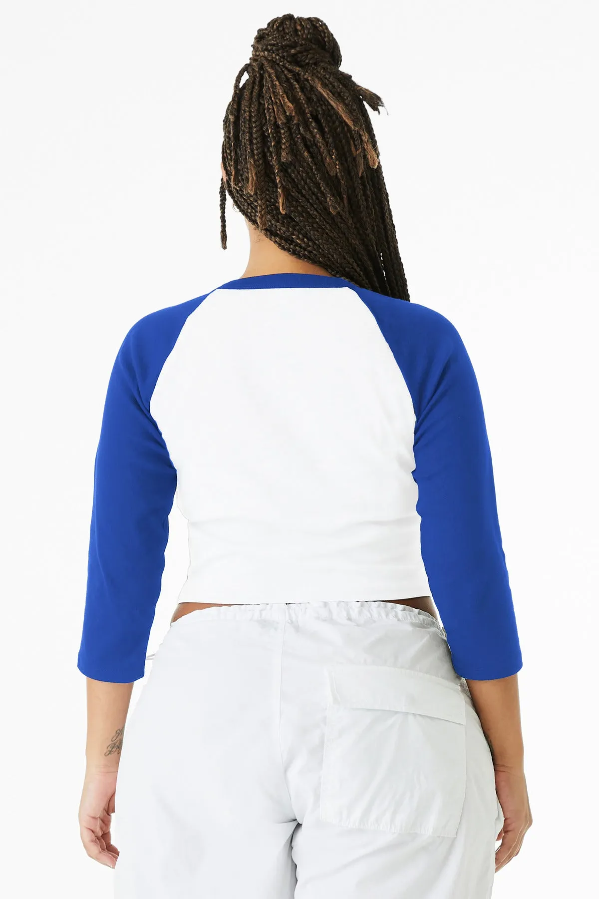 BELLA CANVAS Women's Micro Rib 3/4 Raglan Baby Tee BC1200 White/ True Royal