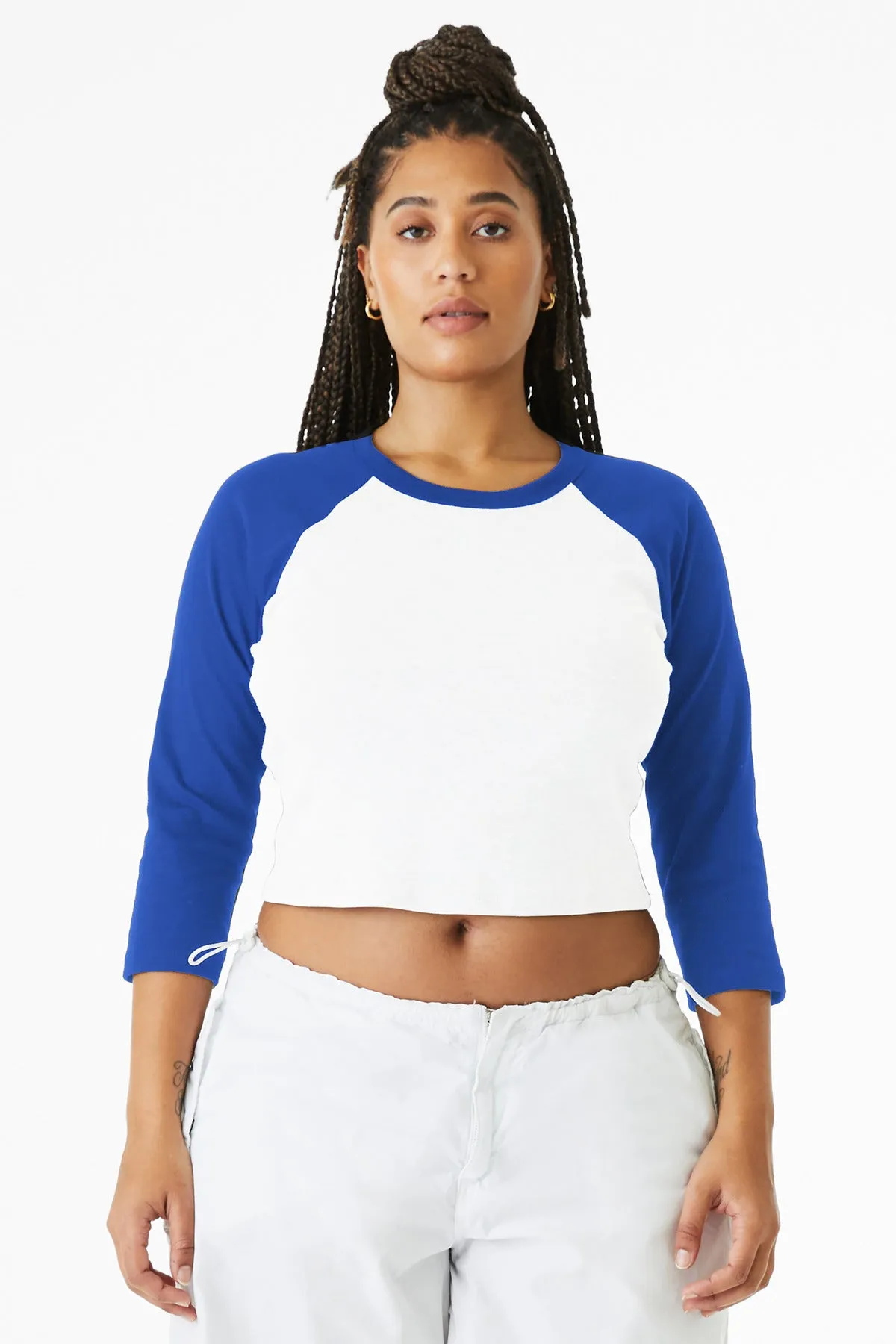 BELLA CANVAS Women's Micro Rib 3/4 Raglan Baby Tee BC1200 White/ True Royal