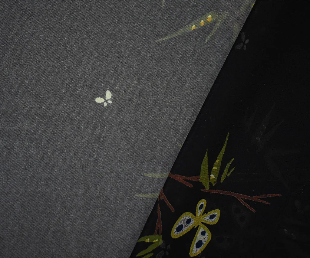 Black-Brown-Multi Silk Butterfly Branch Printed Chiffon Woven Fabric