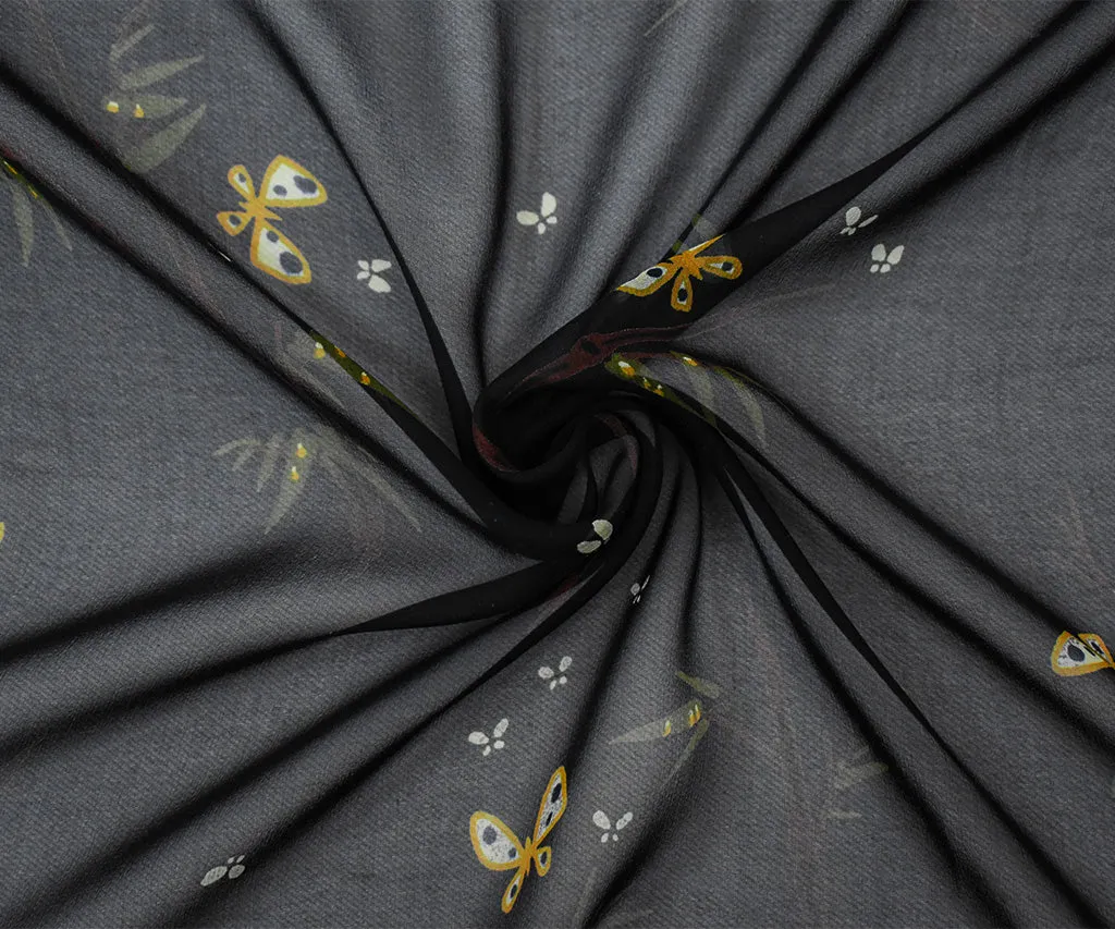 Black-Brown-Multi Silk Butterfly Branch Printed Chiffon Woven Fabric