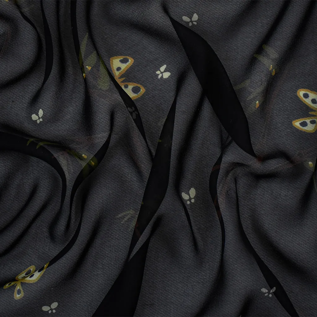 Black-Brown-Multi Silk Butterfly Branch Printed Chiffon Woven Fabric