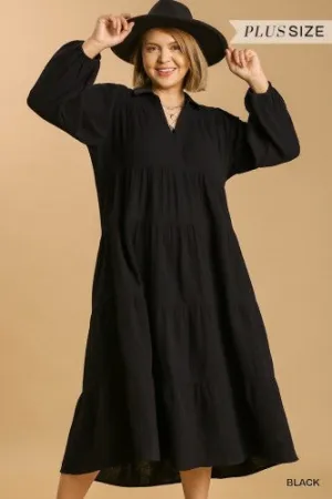 Black Gauze Long Sleeve Tiered Maxi Dress