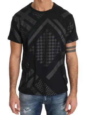 Black Gray Cotton Motive Print Crewneck T-shirt