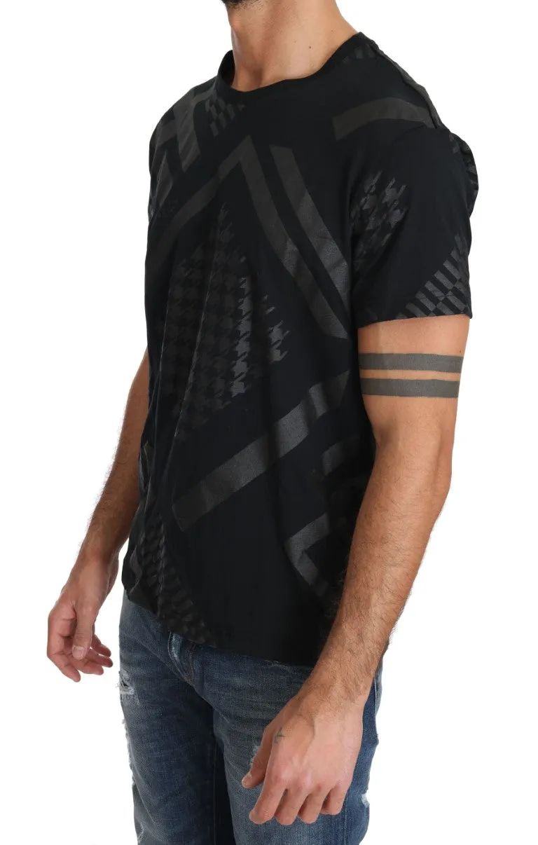 Black Gray Cotton Motive Print Crewneck T-shirt
