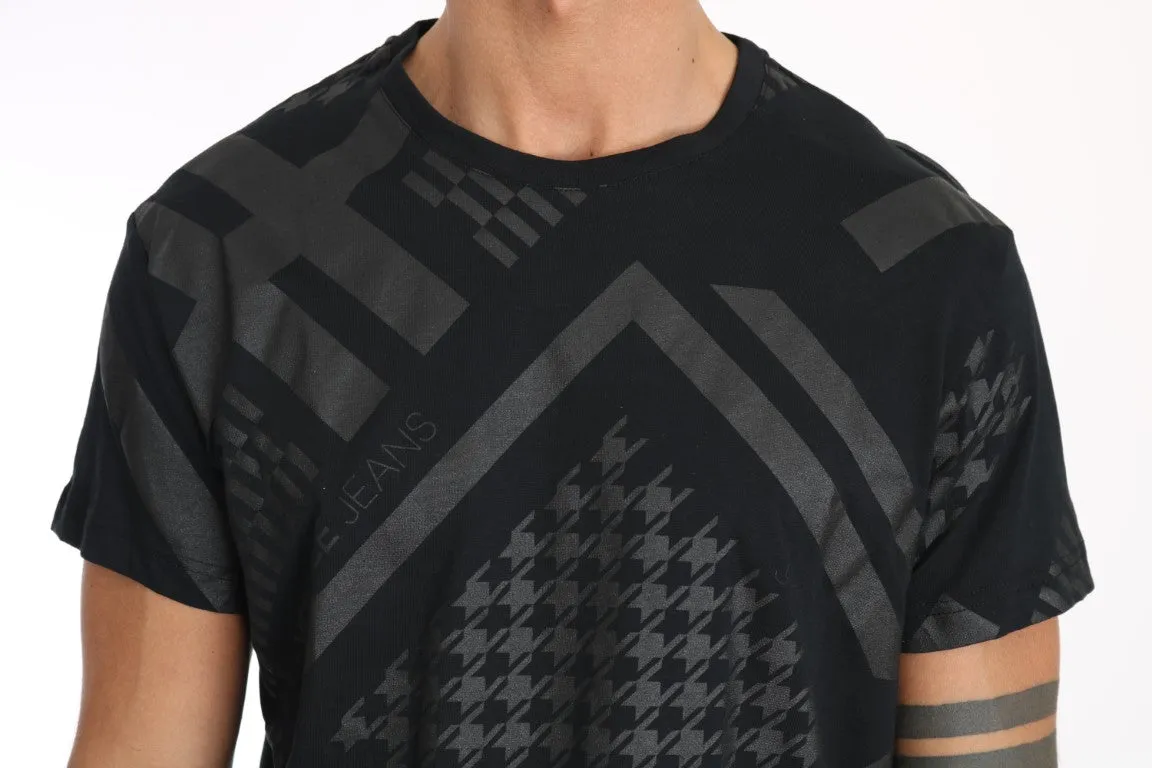 Black Gray Cotton Motive Print Crewneck T-shirt