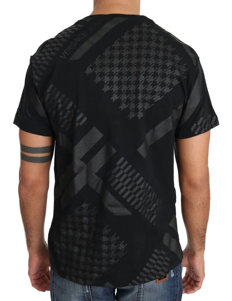 Black Gray Cotton Motive Print Crewneck T-shirt