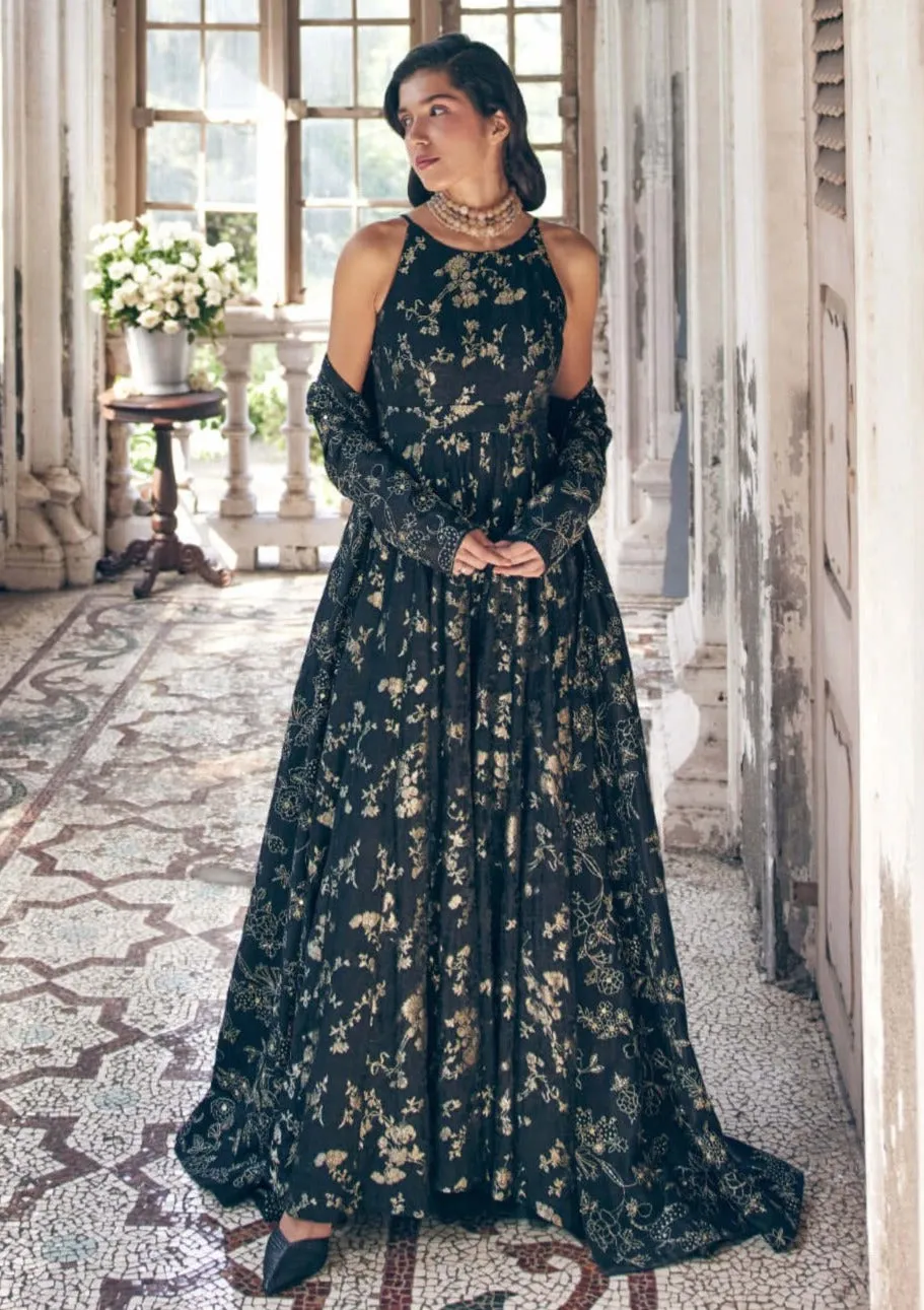 Black jacquard jumpsuit and jacket