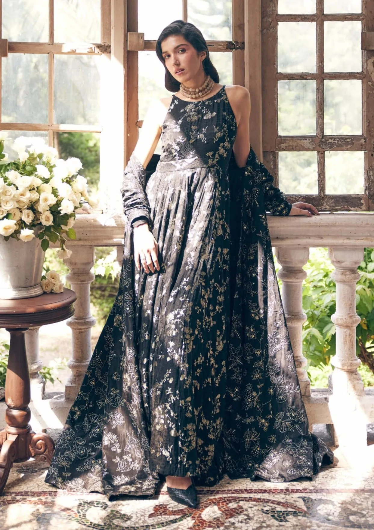 Black jacquard jumpsuit and jacket