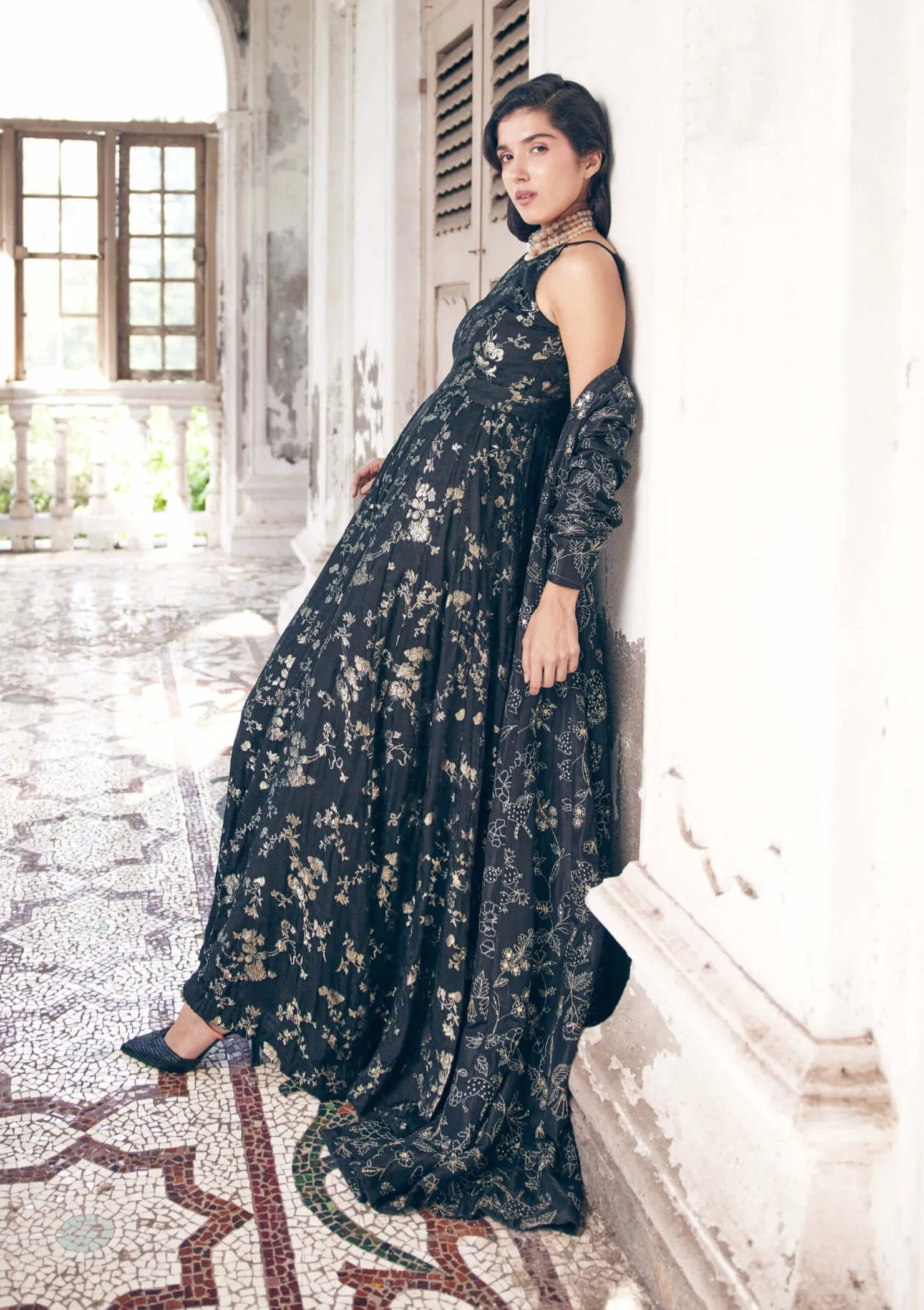 Black jacquard jumpsuit and jacket