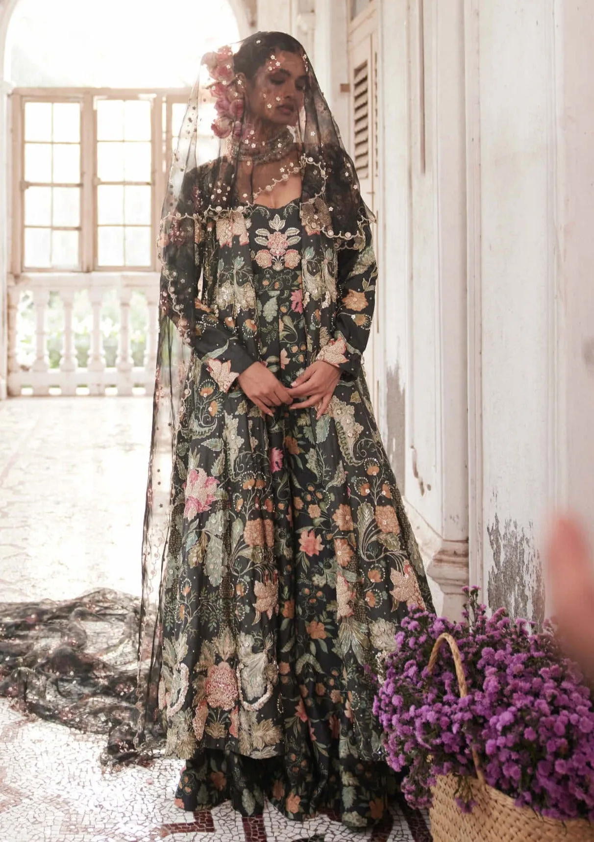 Black orange floral jumpsuit set