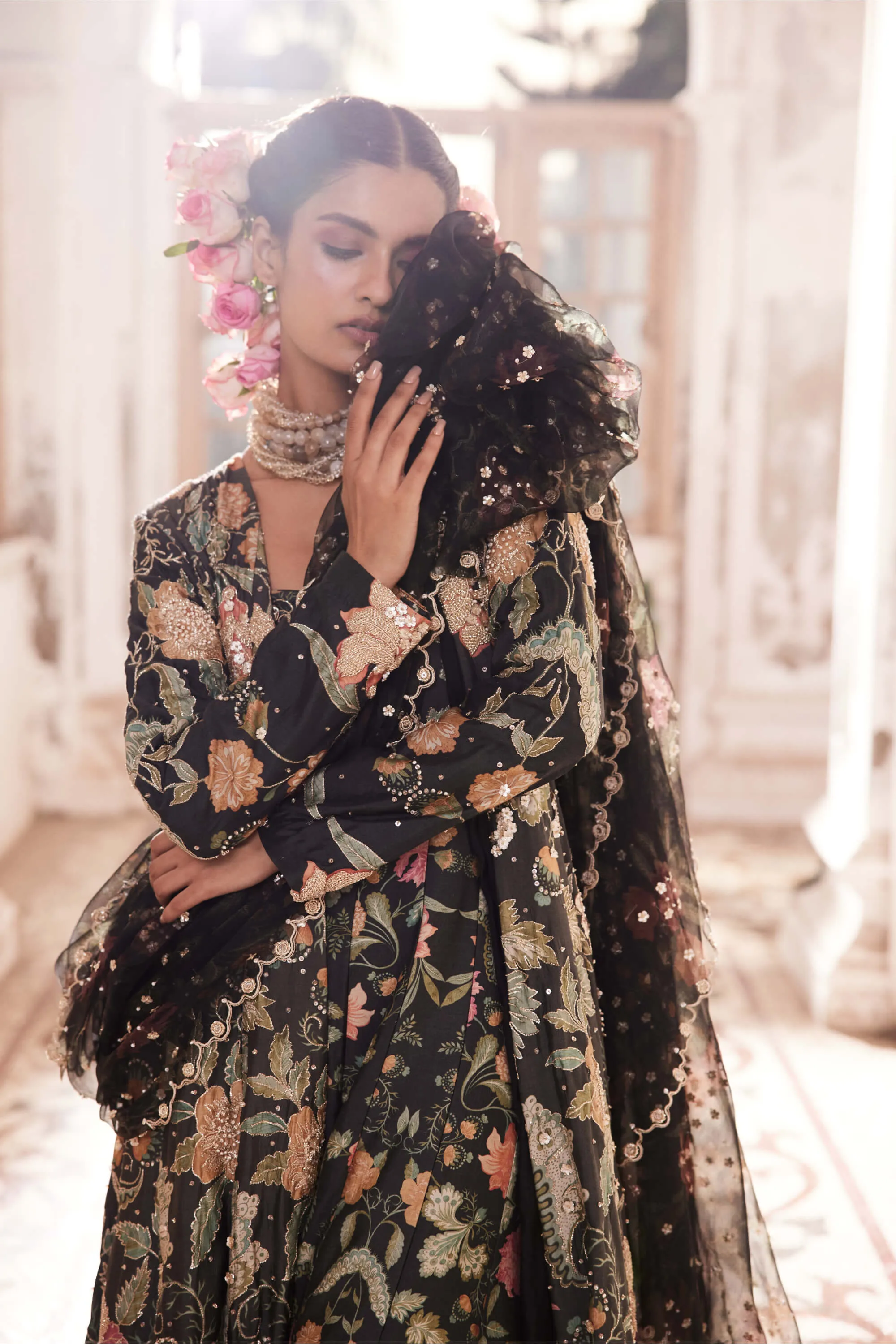 Black orange floral jumpsuit set