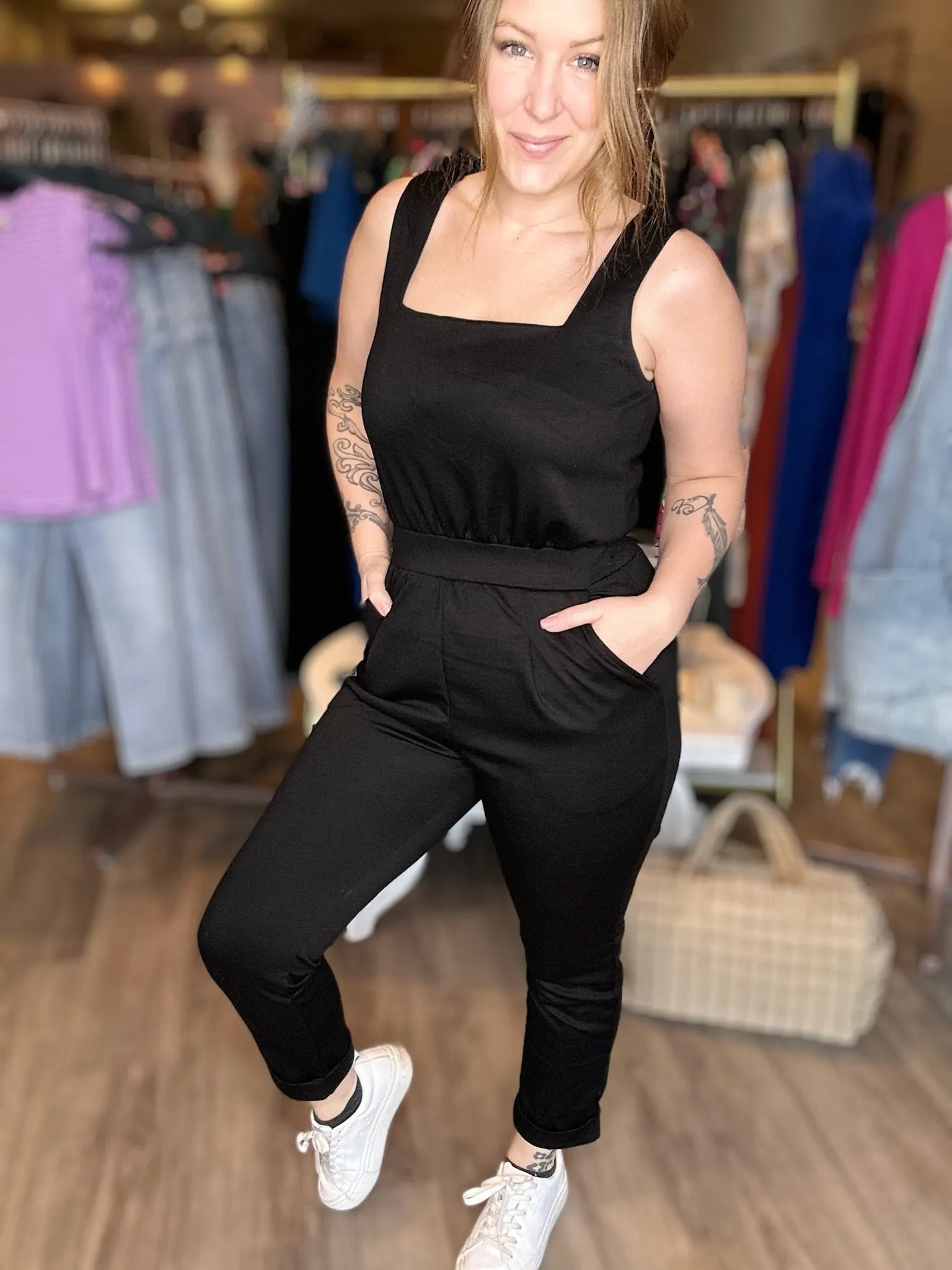 Black Square Neck Sleeveless JumpSuit