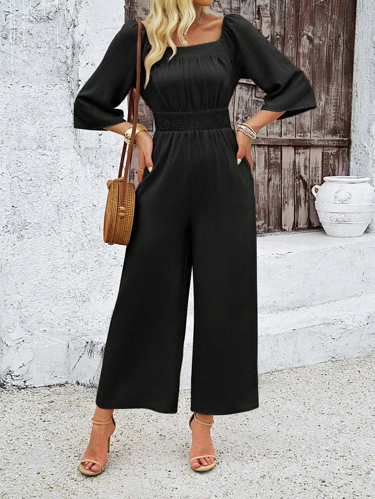 Black Wide Leg Jumpsuit With Smocking Detail