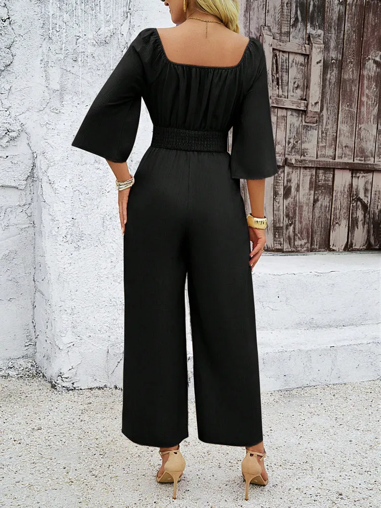 Black Wide Leg Jumpsuit With Smocking Detail