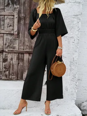 Black Wide Leg Jumpsuit With Smocking Detail