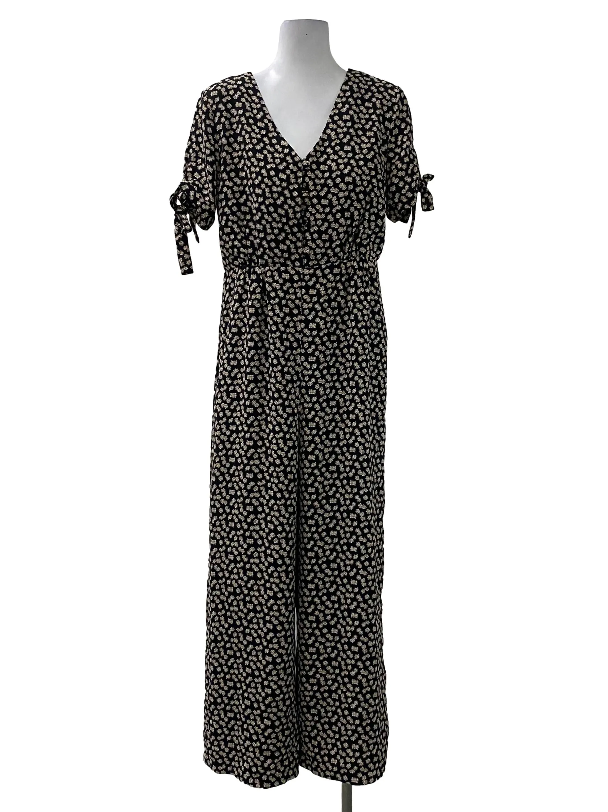Black With Khaki Floral Prints V-Neck Jumpsuit