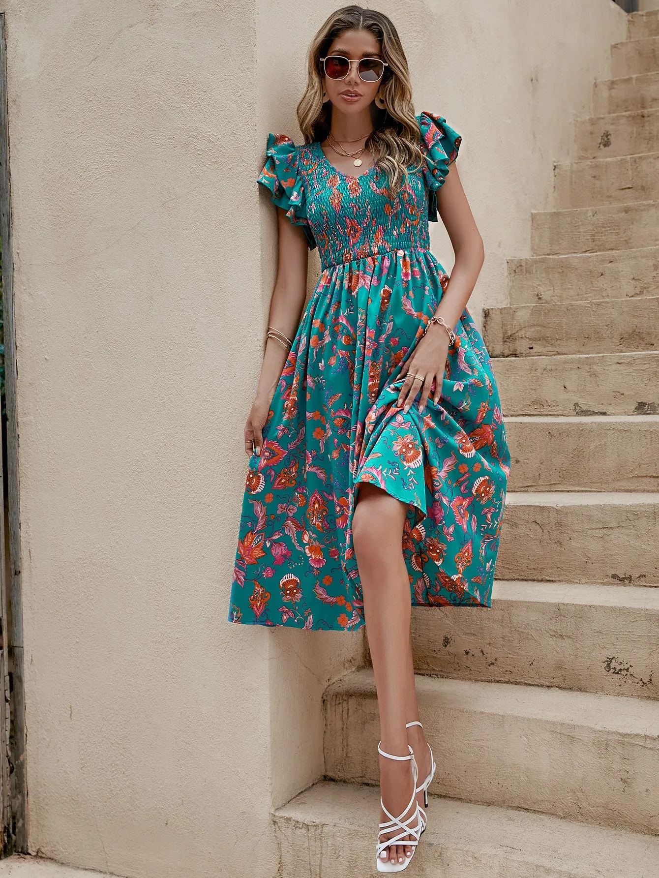 Blue All Over Print Fit And Flare Midi Dress