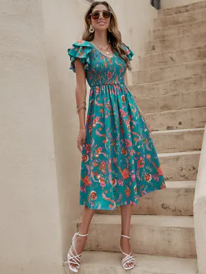 Blue All Over Print Fit And Flare Midi Dress