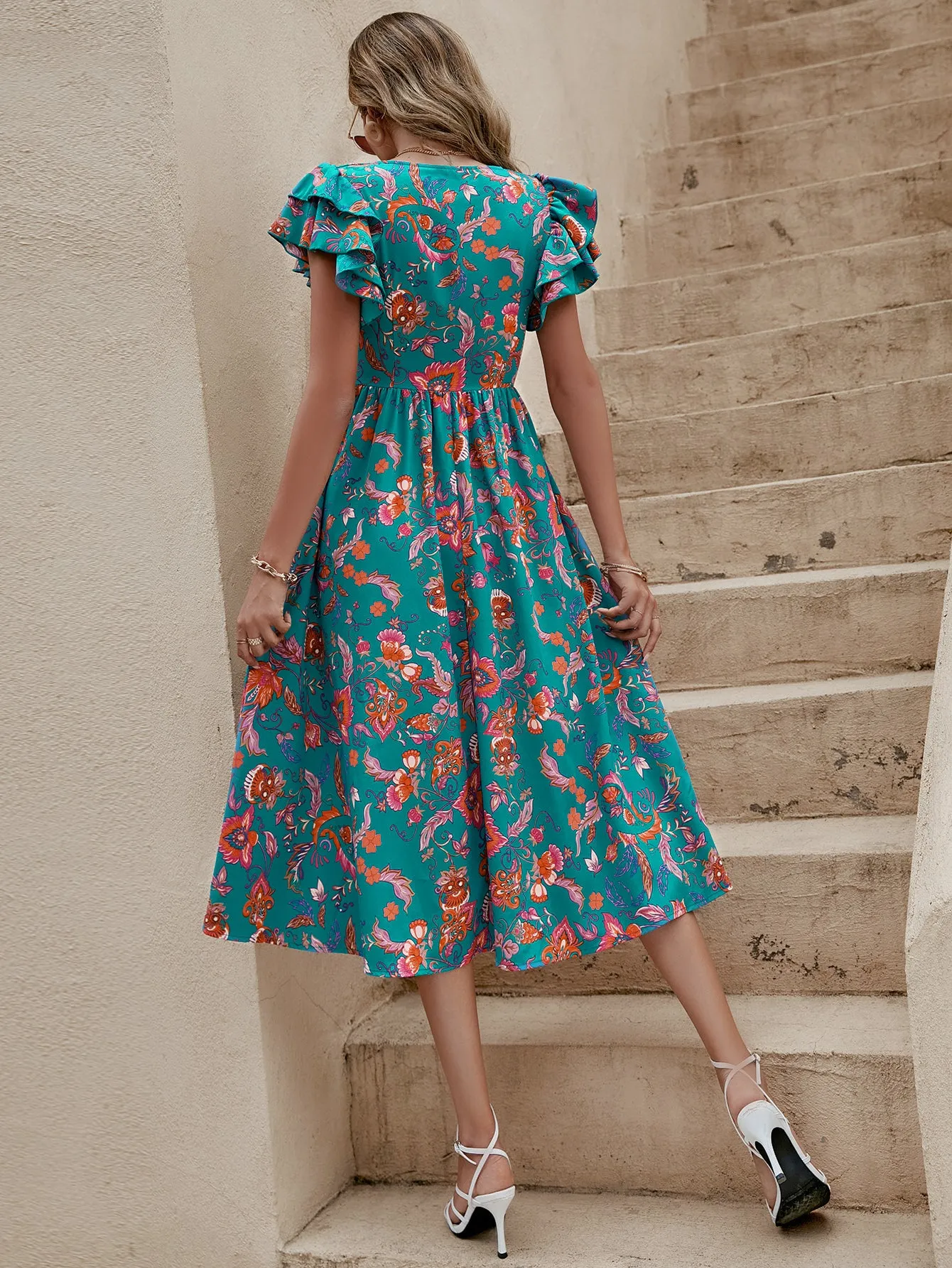 Blue All Over Print Fit And Flare Midi Dress