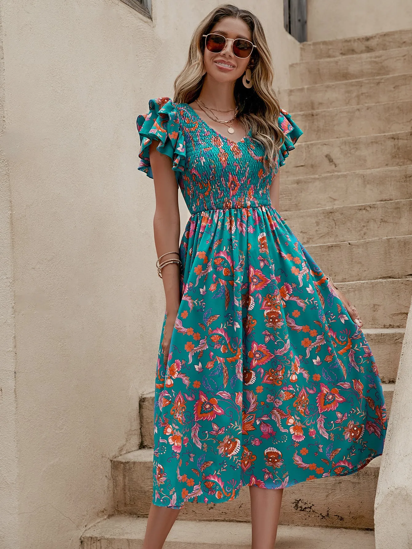 Blue All Over Print Fit And Flare Midi Dress