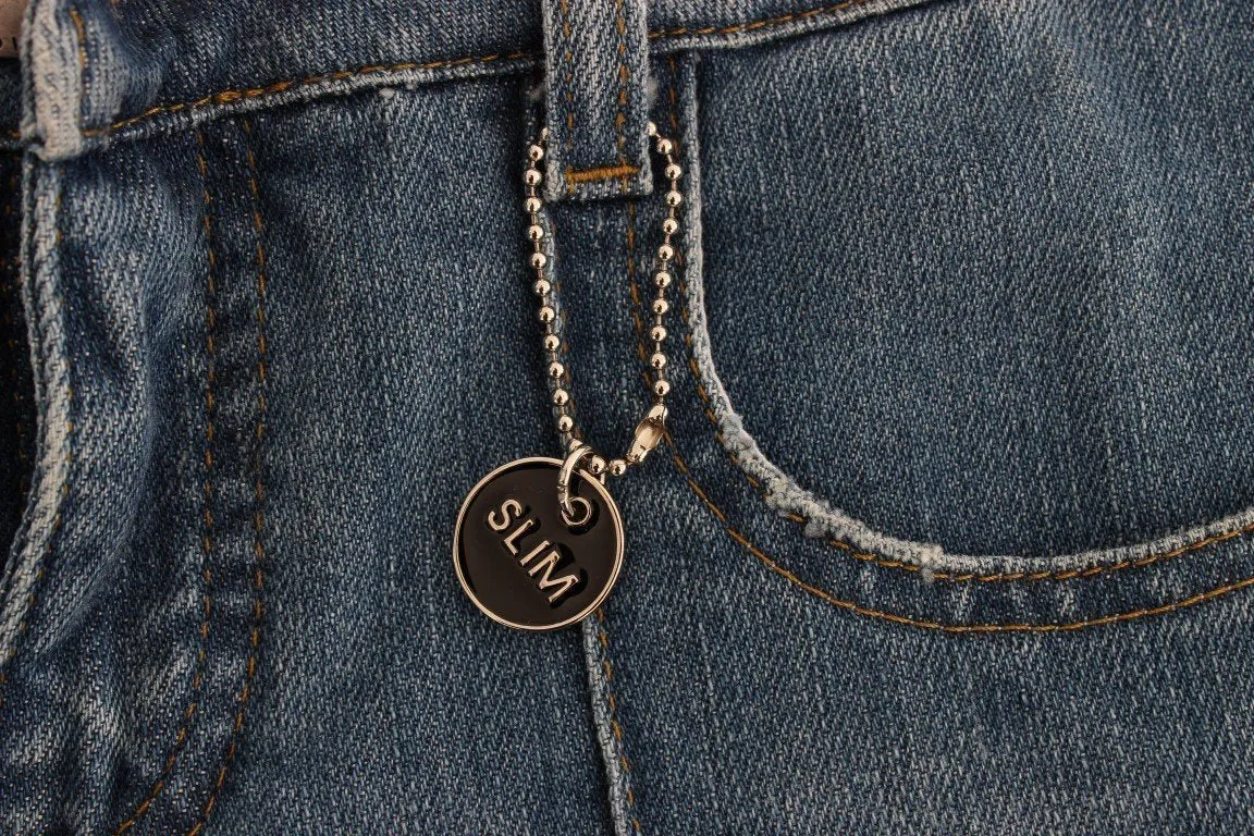 Blue Cotton Slim Fit Cropped Jeans