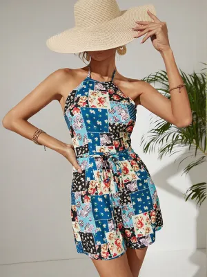 Blue Floral Pattern Print Racer Back Playsuit