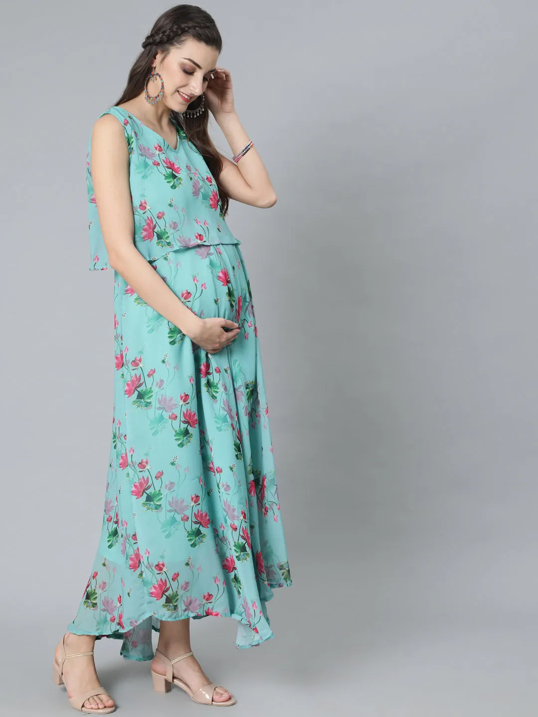 Blue Floral Print Maxi Dress