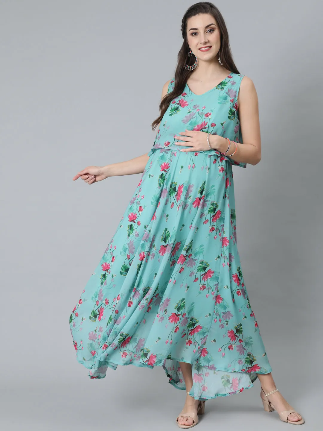 Blue Floral Print Maxi Dress