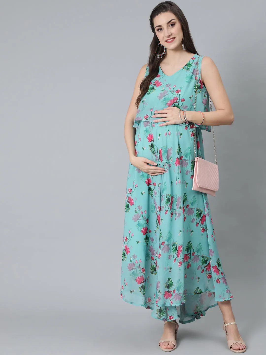 Blue Floral Print Maxi Dress