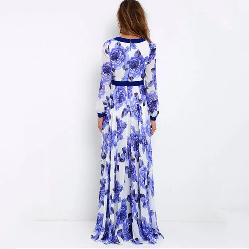 Blue Floral Print V Neck Long Maxi Dresses